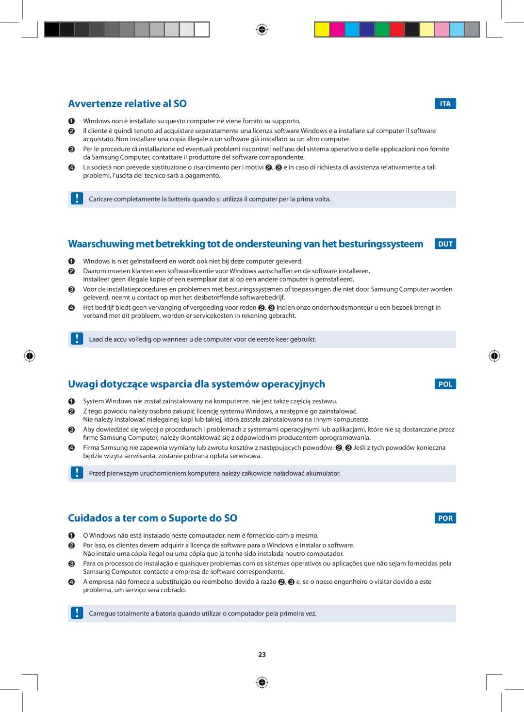 Samsung NP535U4X-A01VN manual Avvertenze relative al SO, Uwagi dotyczące wsparcia dla systemów operacyjnych 