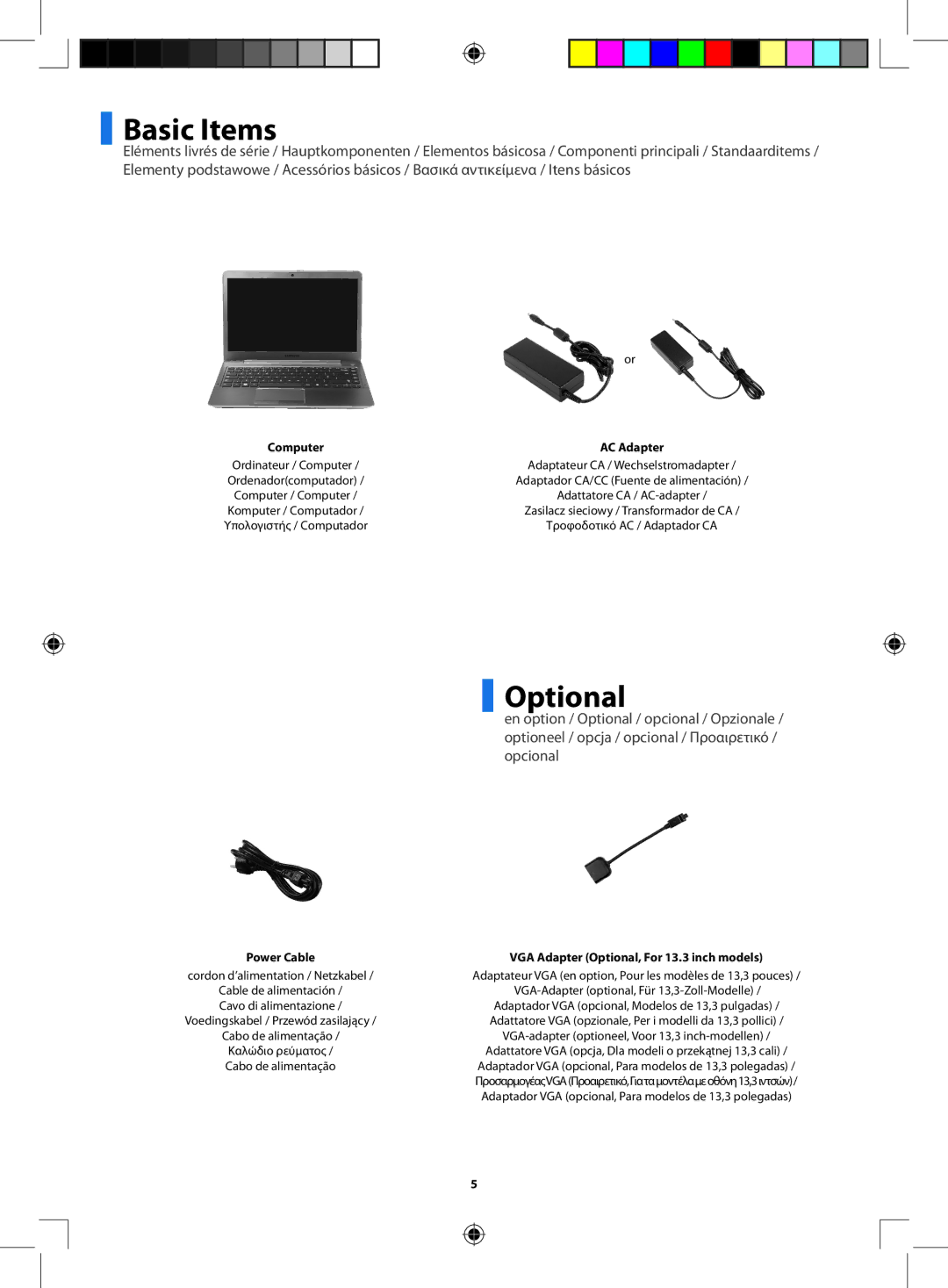 Samsung NP535U4X-A01VN manual Basic Items, Computer AC Adapter, Power Cable VGA Adapter Optional, For 13.3 inch models 