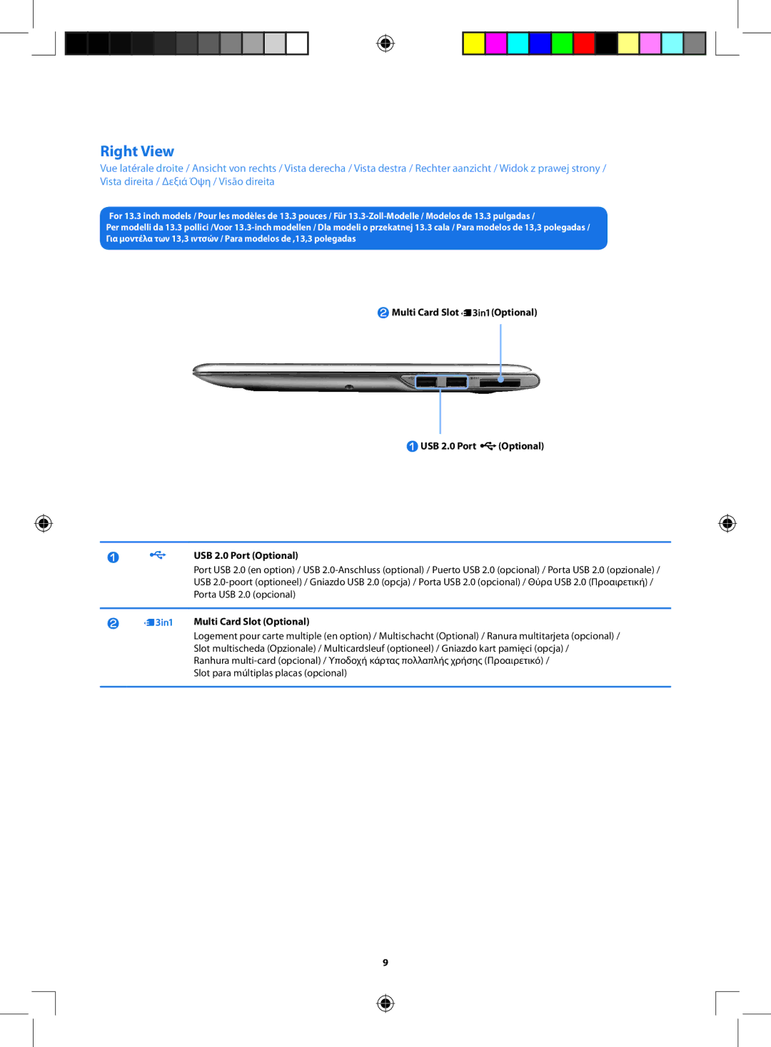 Samsung NP535U4X-A01VN manual Right View, Multi Card Slot Optional USB 2.0 Port Optional 