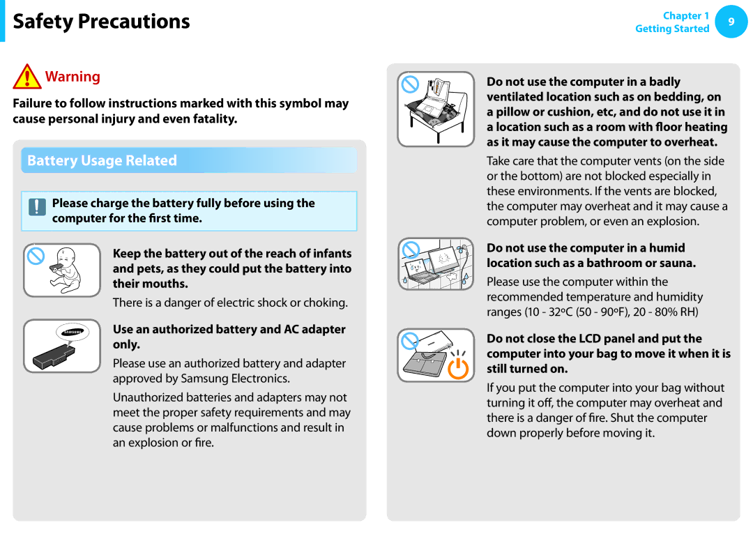 Samsung NP540U3C-A01US manual Battery Usage Related, There is a danger of electric shock or choking 