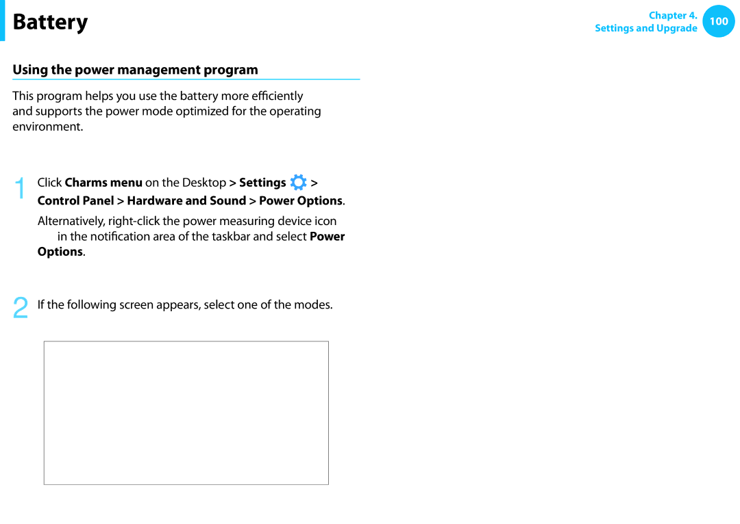 Samsung NP540U3C Using the power management program, Options, If the following screen appears, select one of the modes 