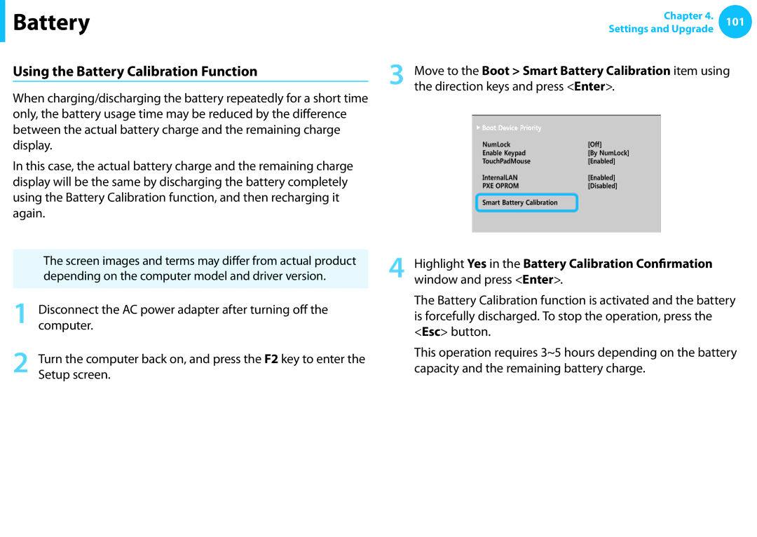 Samsung NP540U3C-A01US manual Using the Battery Calibration Function, Setup screen 