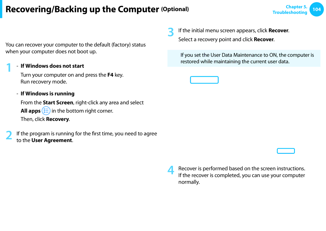 Samsung NP540U3C-A01US manual Recovering, If Windows does not start, If Windows is running 