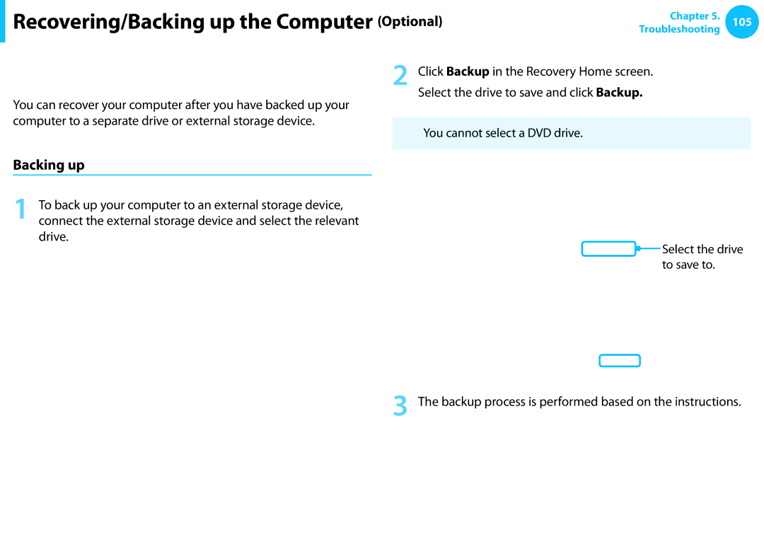 Samsung NP540U3C-A01US manual Recovering after a Backup, Backing up, You cannot select a DVD drive 