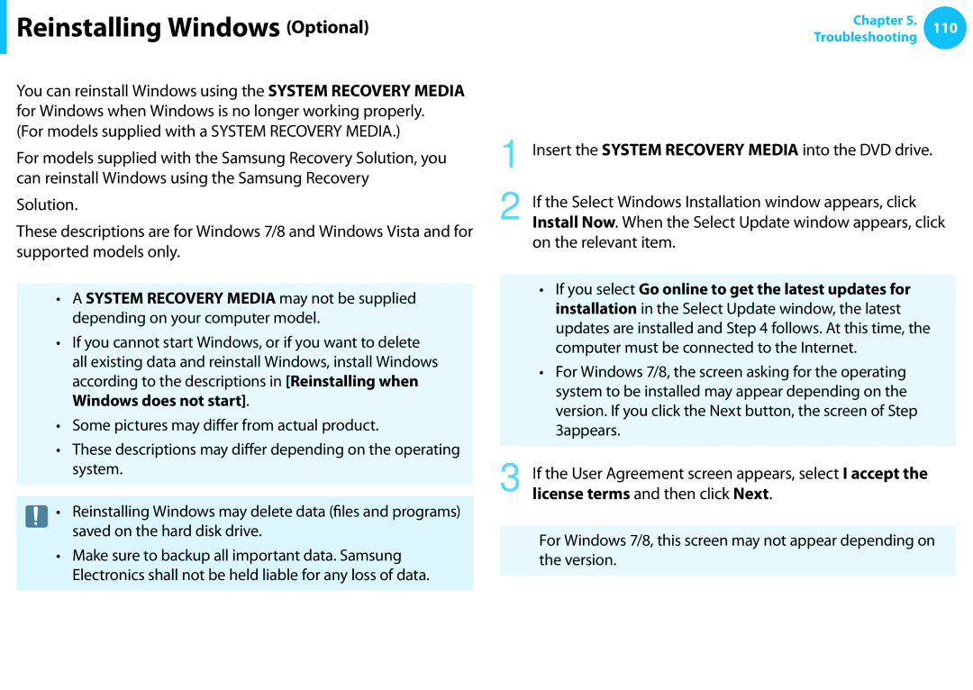 Samsung NP540U3C-A01US manual Reinstalling Windows Optional, Reinstalling in Windows 