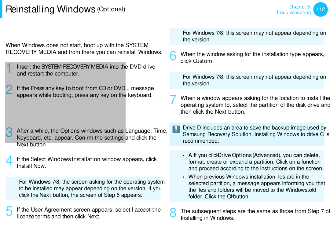 Samsung NP540U3C-A01US manual Reinstalling when Windows does not start, Install Now 