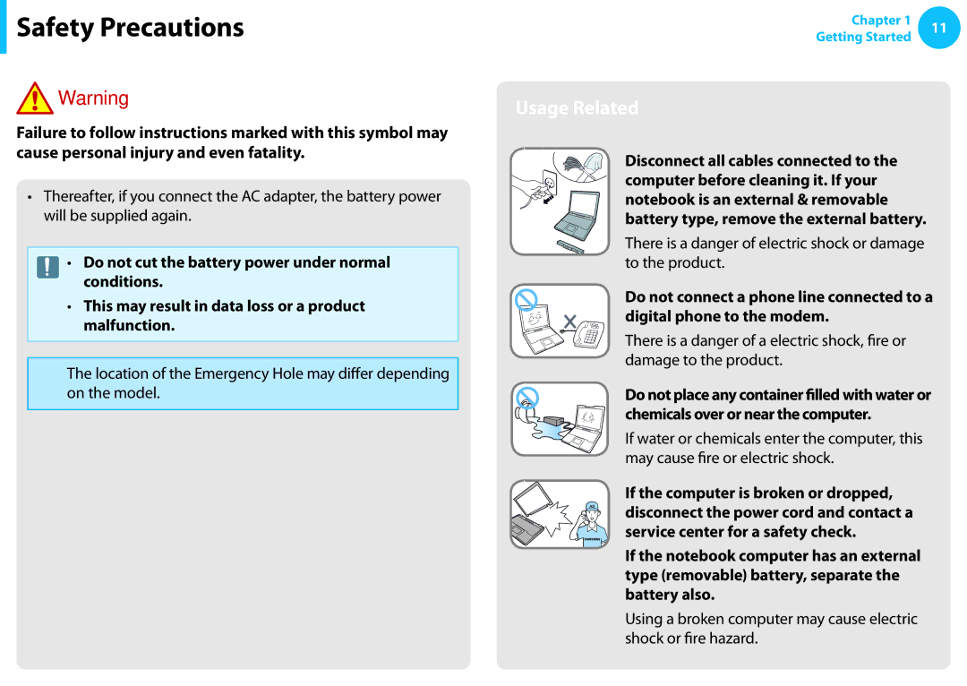 Samsung NP540U3C-A01US manual Usage Related, There is a danger of electric shock or damage to the product 