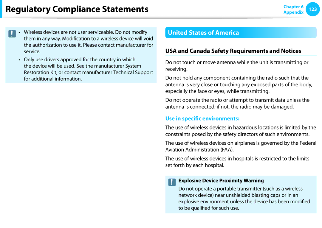 Samsung NP540U3C-A01US manual United States of America, USA and Canada Safety Requirements and Notices 