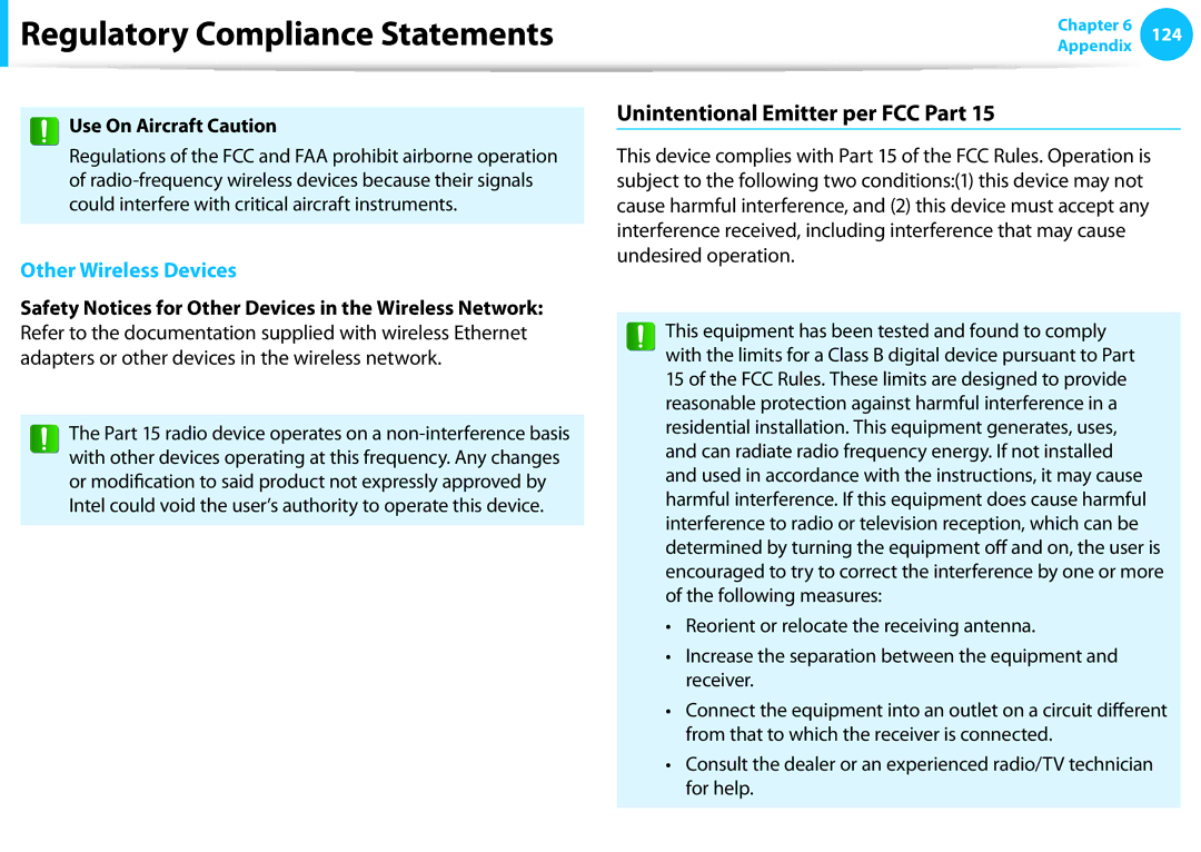 Samsung NP540U3C-A01US manual Unintentional Emitter per FCC Part, Use On Aircraft Caution 