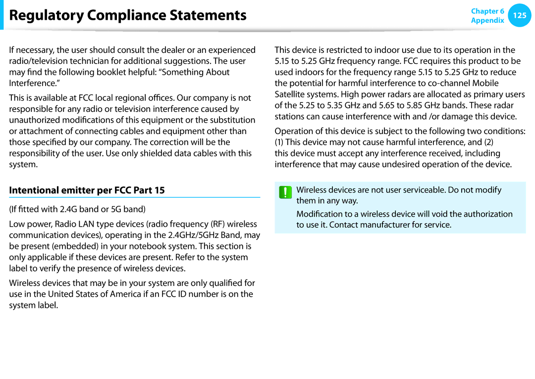 Samsung NP540U3C-A01US manual Intentional emitter per FCC Part, If fitted with 2.4G band or 5G band 
