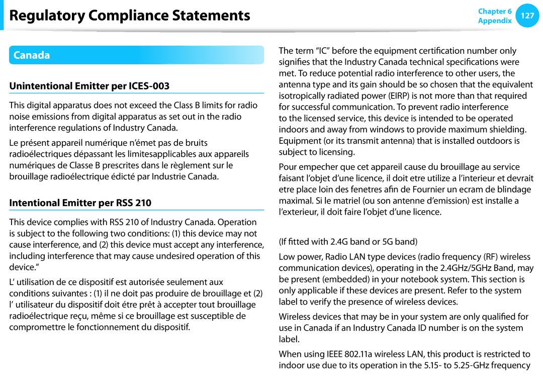 Samsung NP540U3C-A01US manual Canada, Unintentional Emitter per ICES-003, Intentional Emitter per RSS 