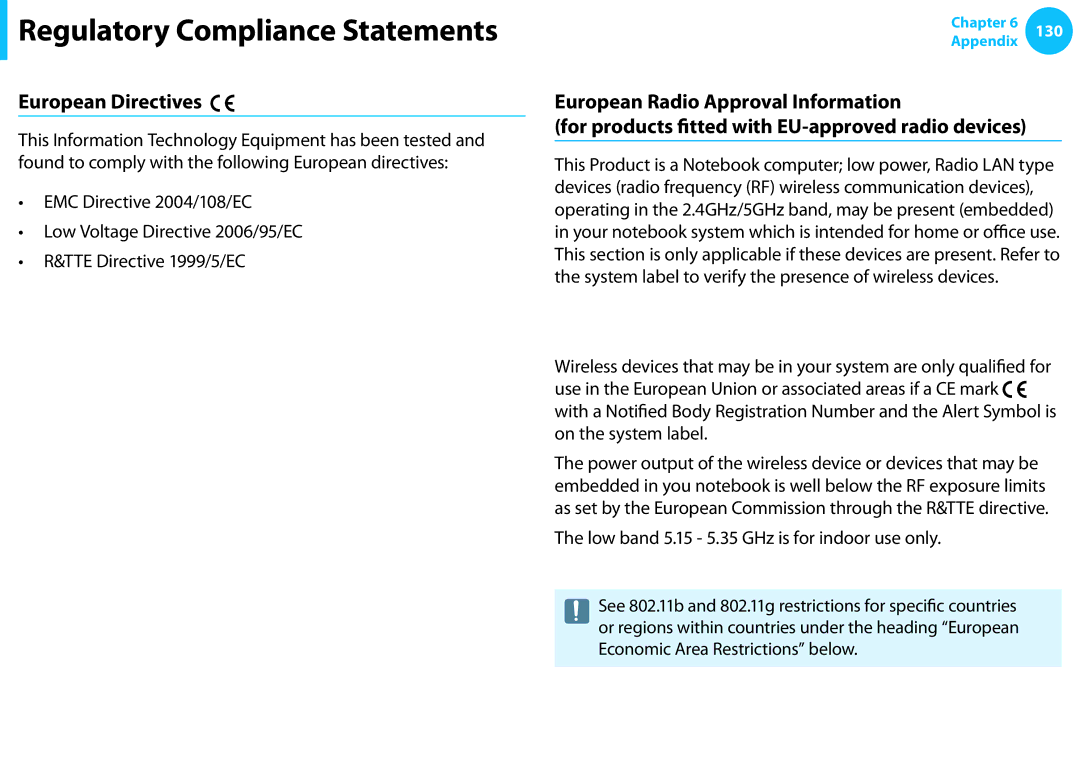 Samsung NP540U3C-A01US manual European Directives, Low band 5.15 5.35 GHz is for indoor use only 