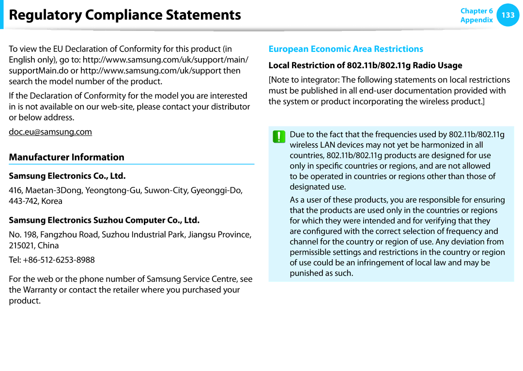 Samsung NP540U3C-A01US manual Manufacturer Information, Local Restriction of 802.11b/802.11g Radio Usage 