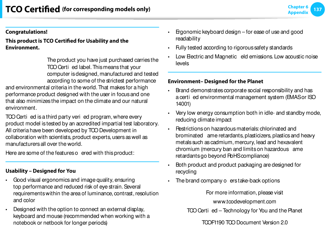 Samsung NP540U3C-A01US manual TCO Certified for corresponding models only, Usability Designed for You 