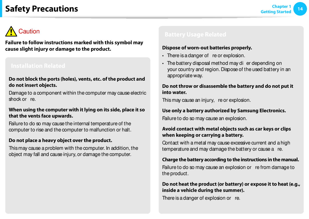 Samsung NP540U3C-A01US manual Do not place a heavy object over the product, Dispose of worn-out batteries properly 