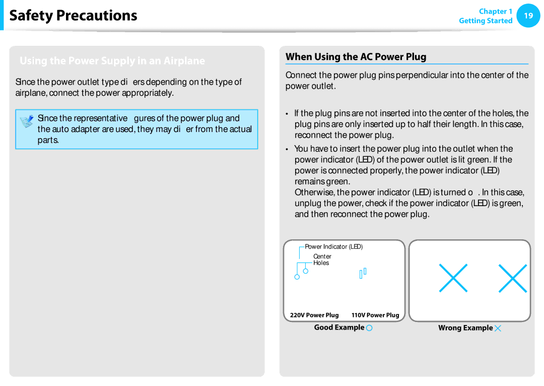 Samsung NP540U3C-A01US manual Using the Power Supply in an Airplane, When Using the AC Power Plug 