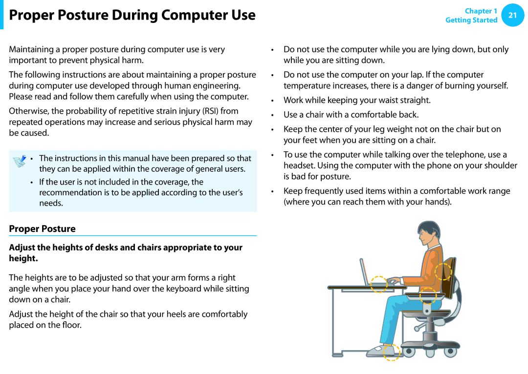 Samsung NP540U3C-A01US manual Proper Posture During Computer Use 