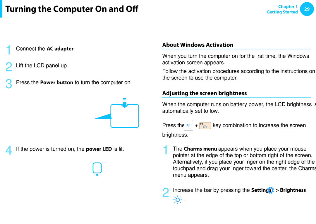 Samsung NP540U3C-A01US Turning the Computer On and Off, Turning the computer on, About Windows Activation, Brightness 