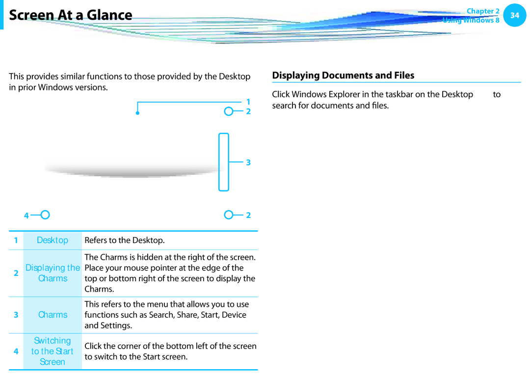 Samsung NP540U3C-A01US manual Desktop, Displaying Documents and Files, To switch to the Start screen 