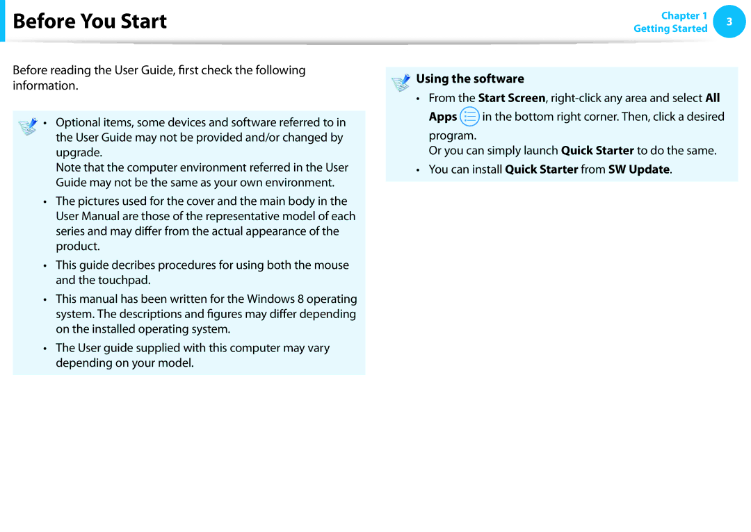 Samsung NP540U3C-A01US manual Before You Start, Using the software 