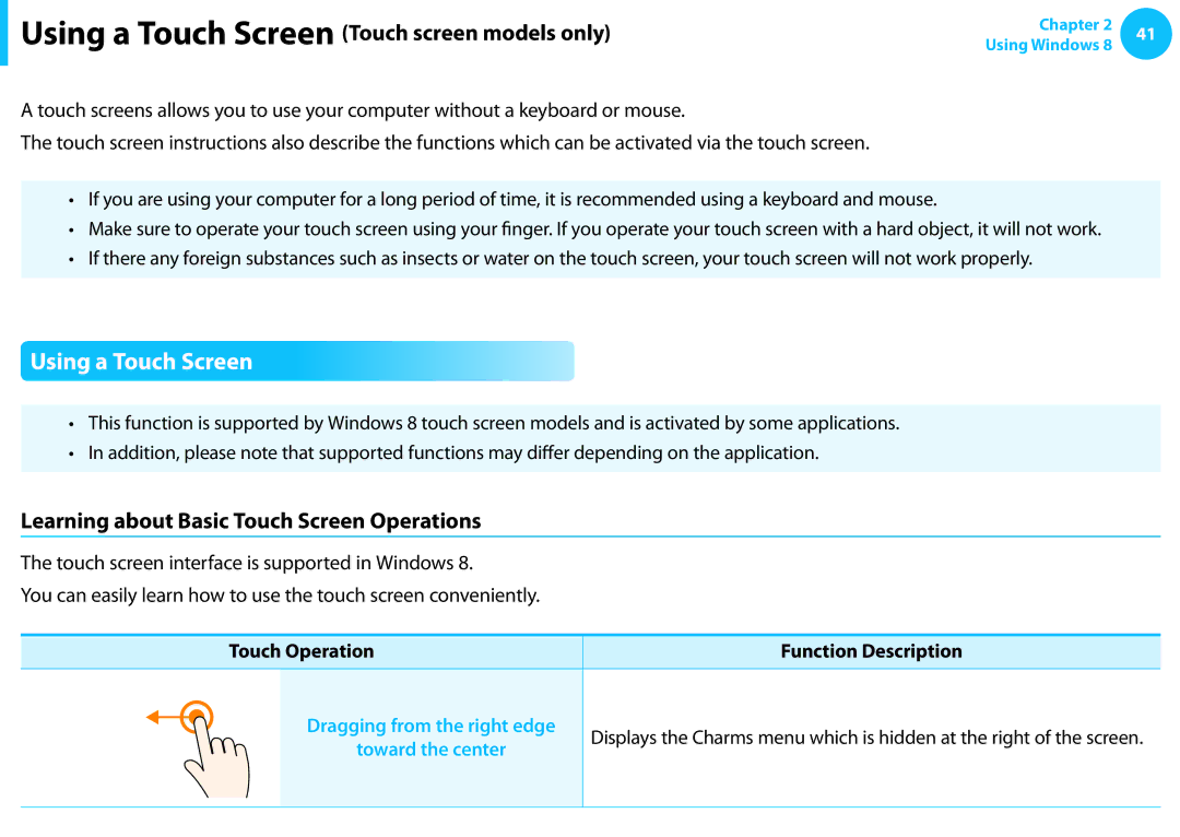 Samsung NP540U3C-A01US Using a Touch Screen Touch screen models only, Learning about Basic Touch Screen Operations 