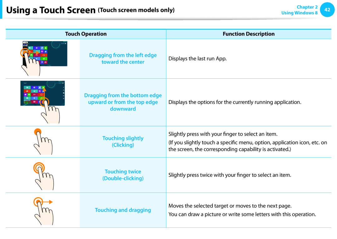 Samsung NP540U3C manual Displays the last run App, Slightly press with your finger to select an item, Touching and dragging 