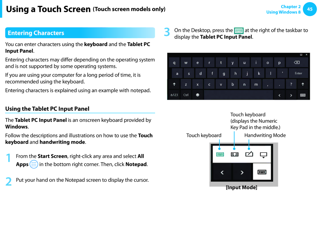 Samsung NP540U3C-A01US manual Entering Characters, Using the Tablet PC Input Panel 