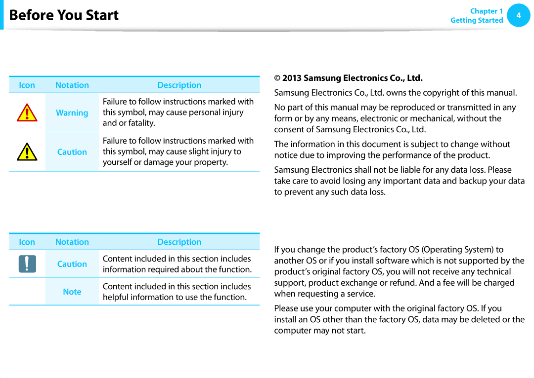 Samsung NP540U3C-A01US manual Safety Precaution Notations, Text Notations, Copyright, OS and Software Support 