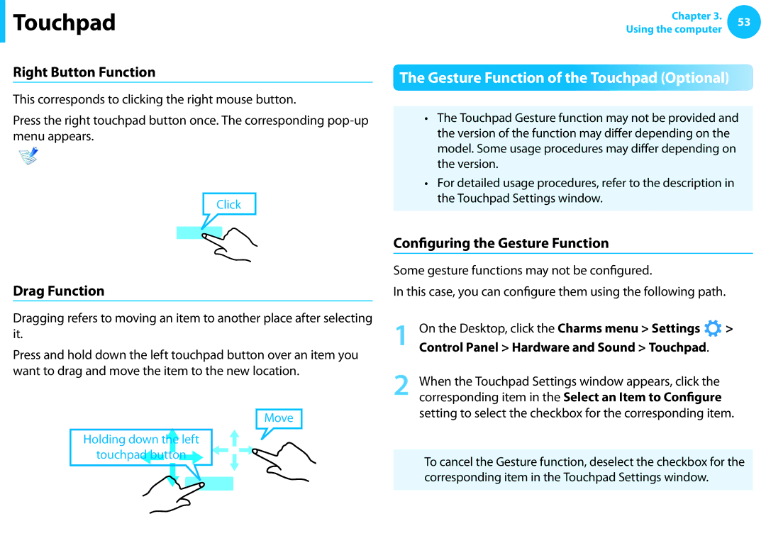 Samsung NP540U3C-A01US manual Right Button Function, Drag Function, Configuring the Gesture Function 