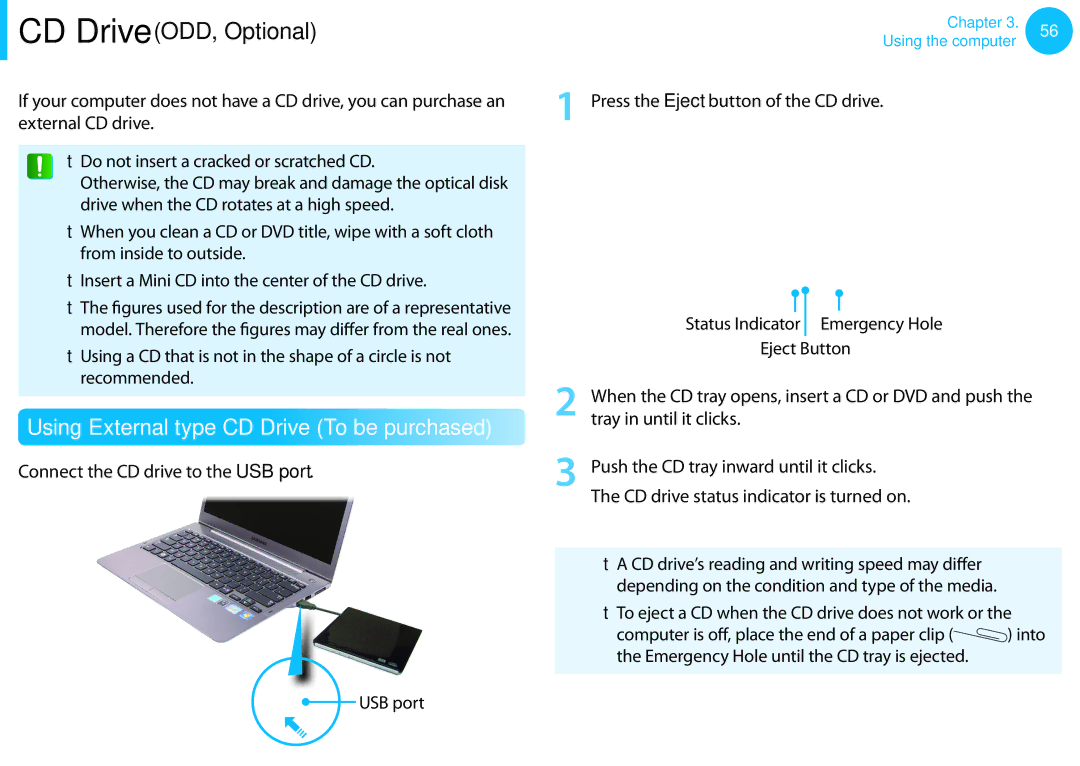 Samsung NP540U3C-A01US manual Using External type CD Drive To be purchased 