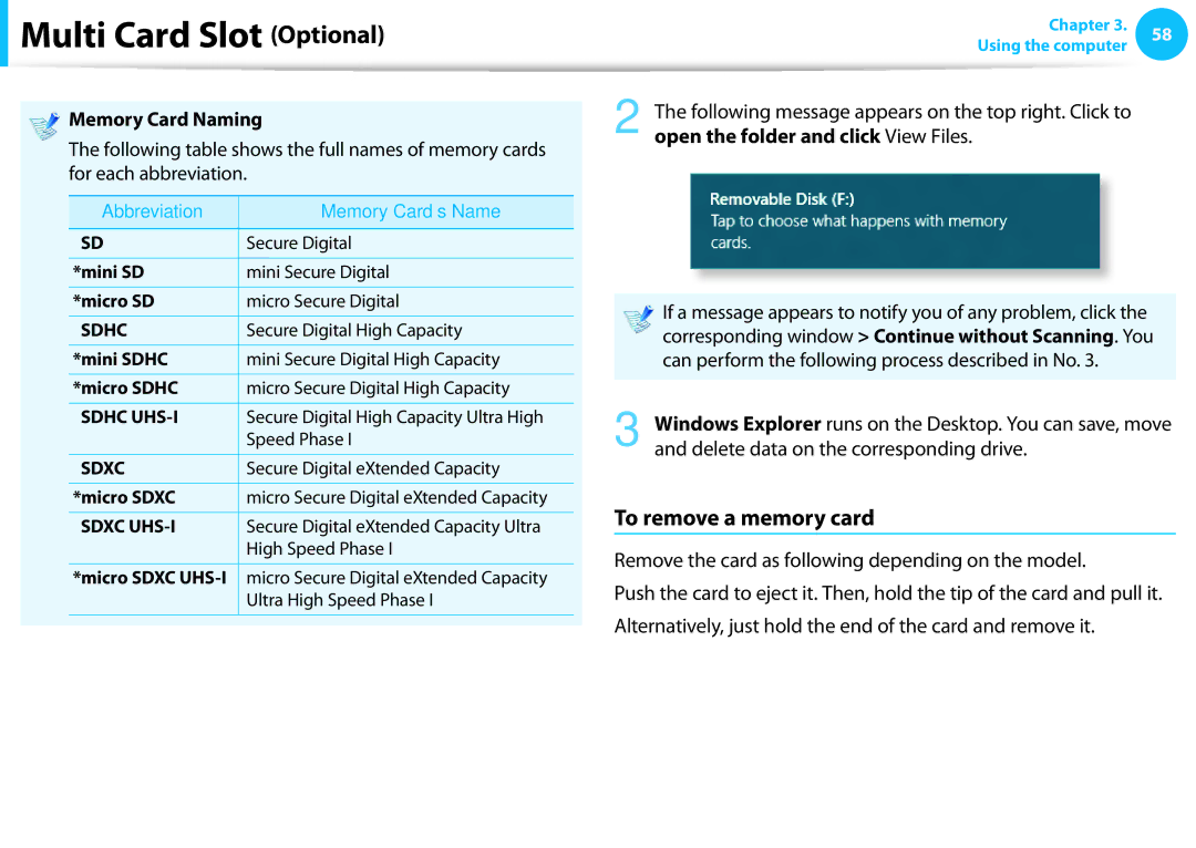 Samsung NP540U3C manual To remove a memory card, Memory Card Naming, Following message appears on the top right. Click to 