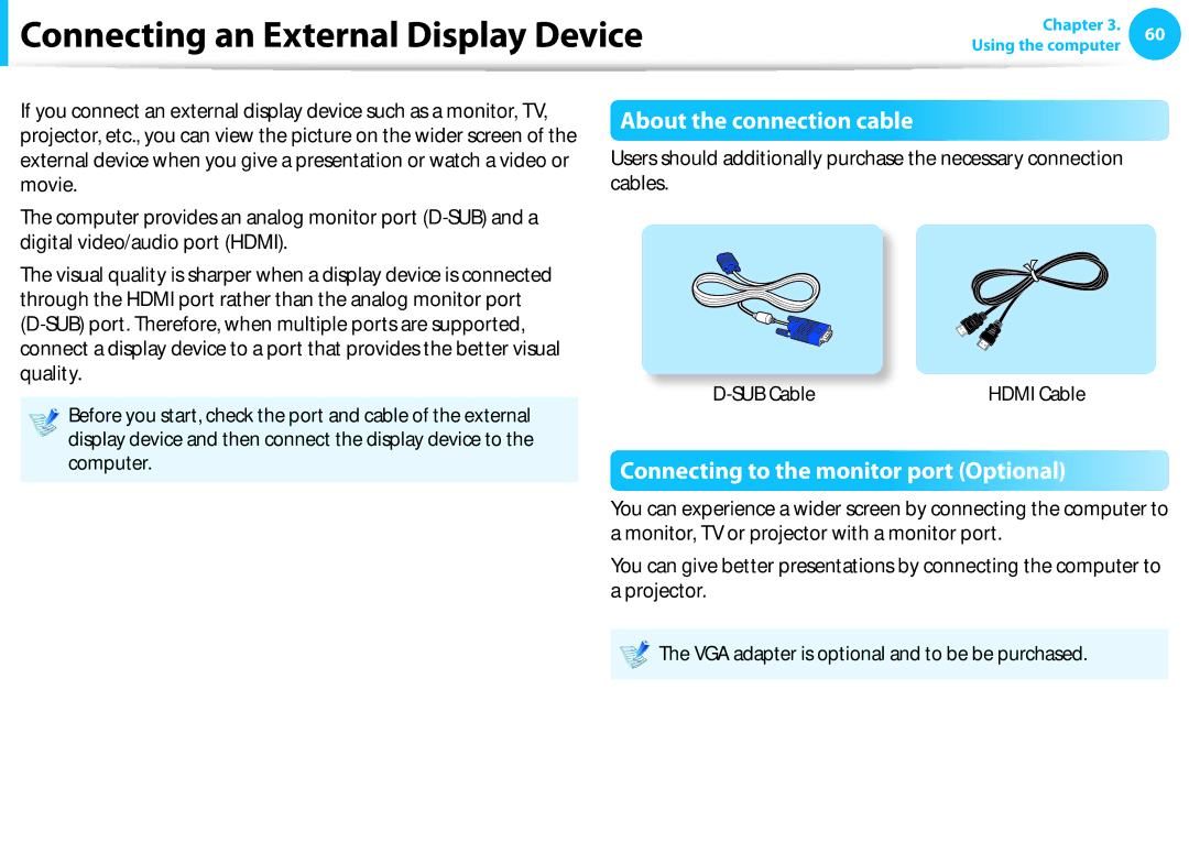 Samsung NP540U3C-A01US manual Connecting an External Display Device, About the connection cable 