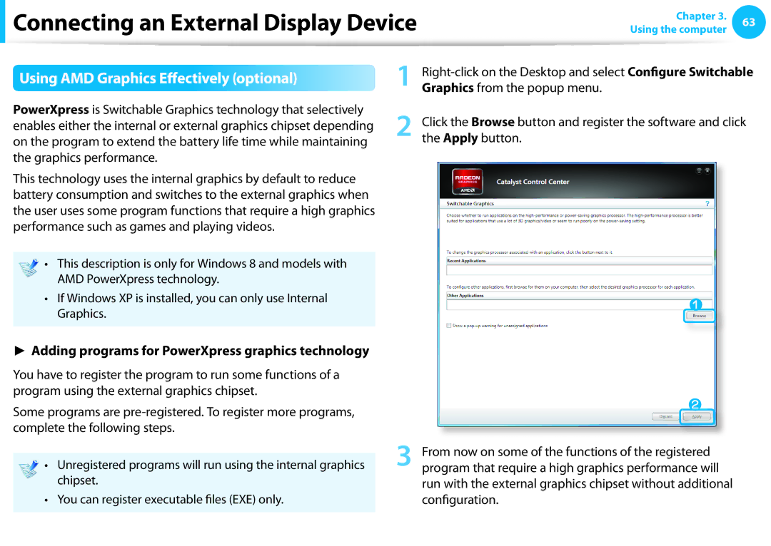 Samsung NP540U3C-A01US manual Using AMD Graphics Effectively optional, Adding programs for PowerXpress graphics technology 