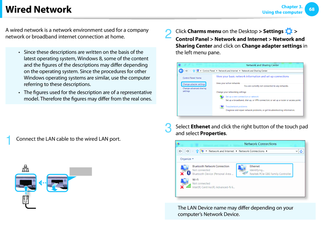 Samsung NP540U3C-A01US manual Wired Network, Connecting to the Wired LAN, Connect the LAN cable to the wired LAN port 