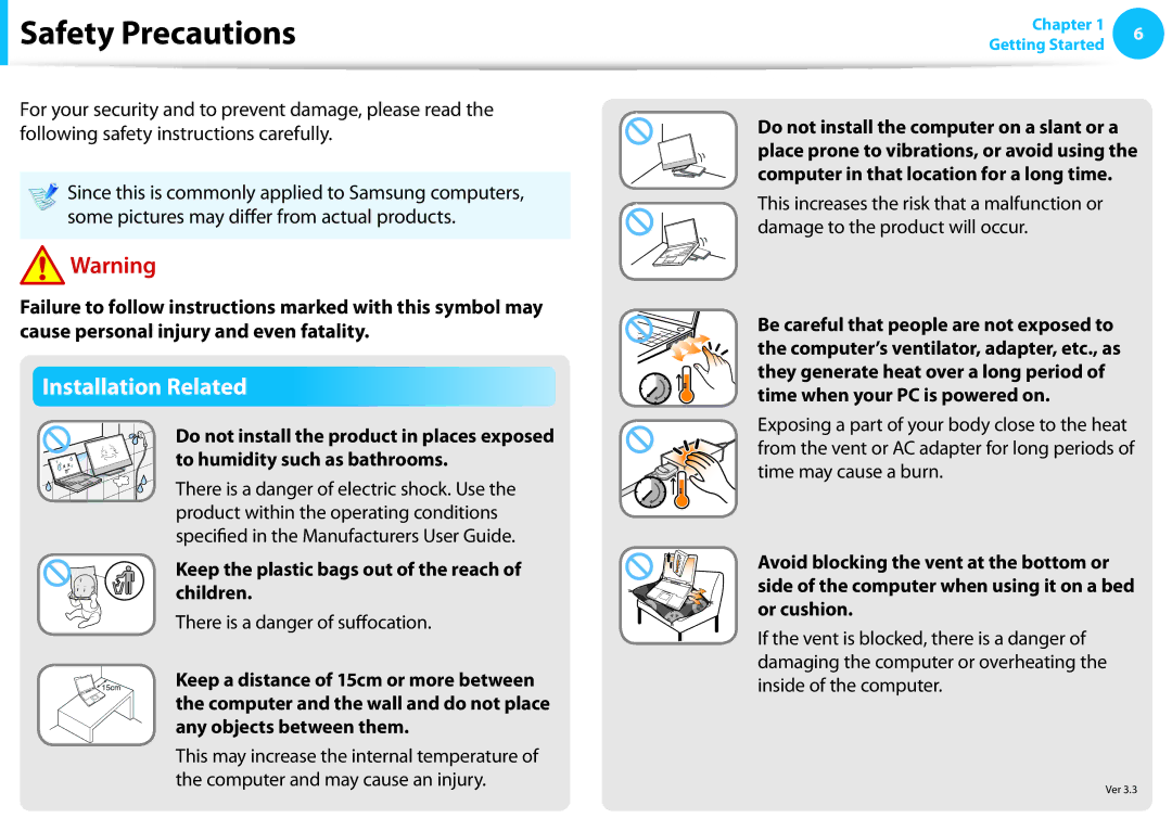 Samsung NP540U3C manual Safety Precautions, Installation Related, Keep the plastic bags out of the reach of children 