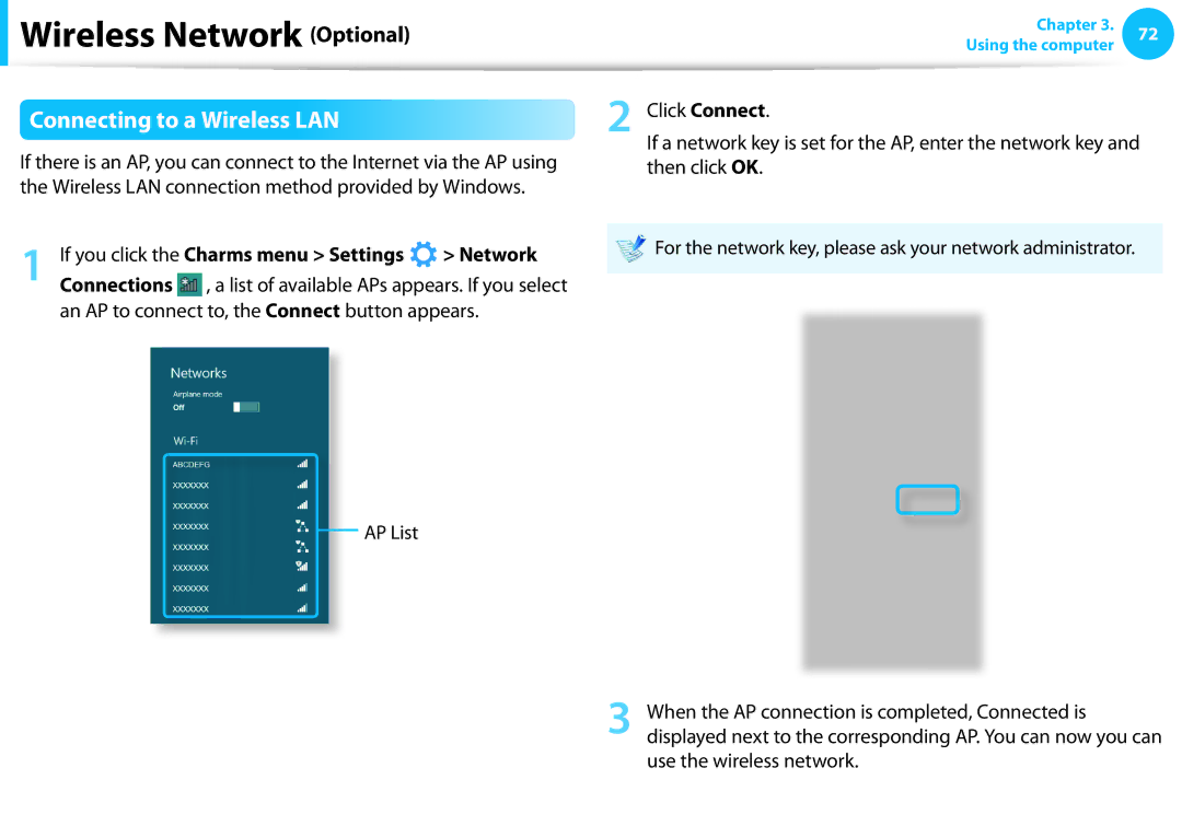 Samsung NP540U3C-A01US manual Connecting to a Wireless LAN, If you click the Charms menu Settings Network 