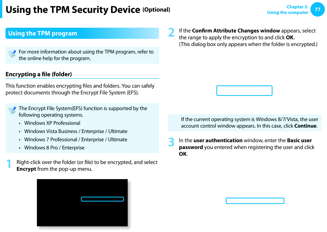 Samsung NP540U3C-A01US manual Using the TPM program, Encrypting a file folder, Encrypt from the pop-up menu 