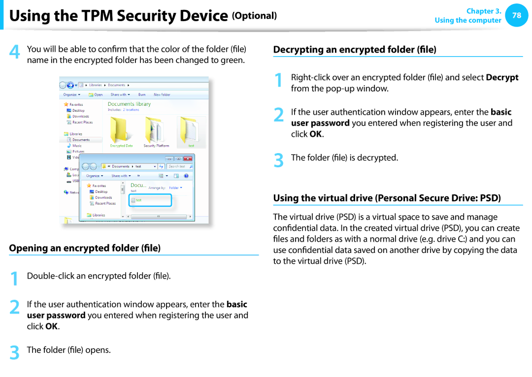 Samsung NP540U3C-A01US manual Decrypting an encrypted folder file, Opening an encrypted folder file 