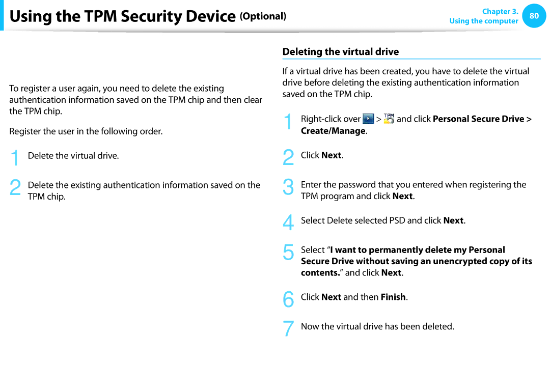 Samsung NP540U3C manual Deleting the virtual drive, Click Personal Secure Drive, Create/Manage, Contents. and click Next 