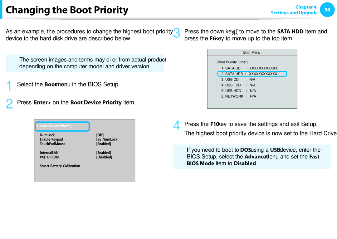 Samsung NP540U3C-A01US manual Changing the Boot Priority, Depending on the computer model and driver version 