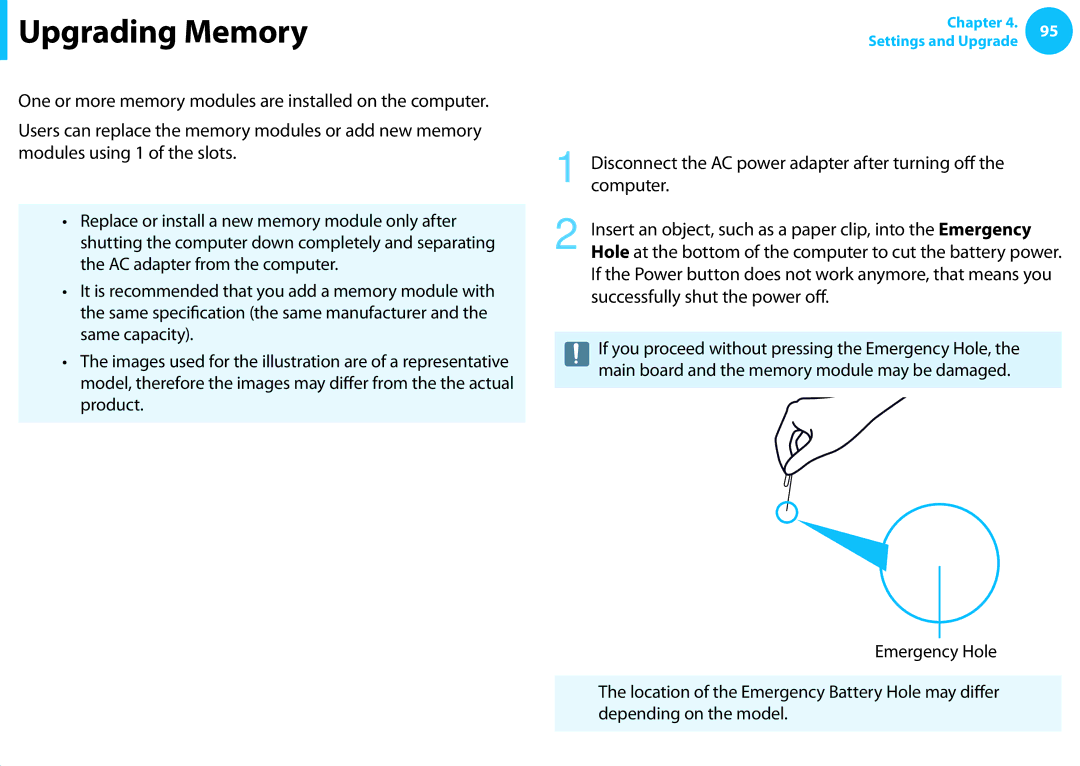 Samsung NP540U3C-A01US manual Upgrading Memory, Adding or Replacing Memory Modules 