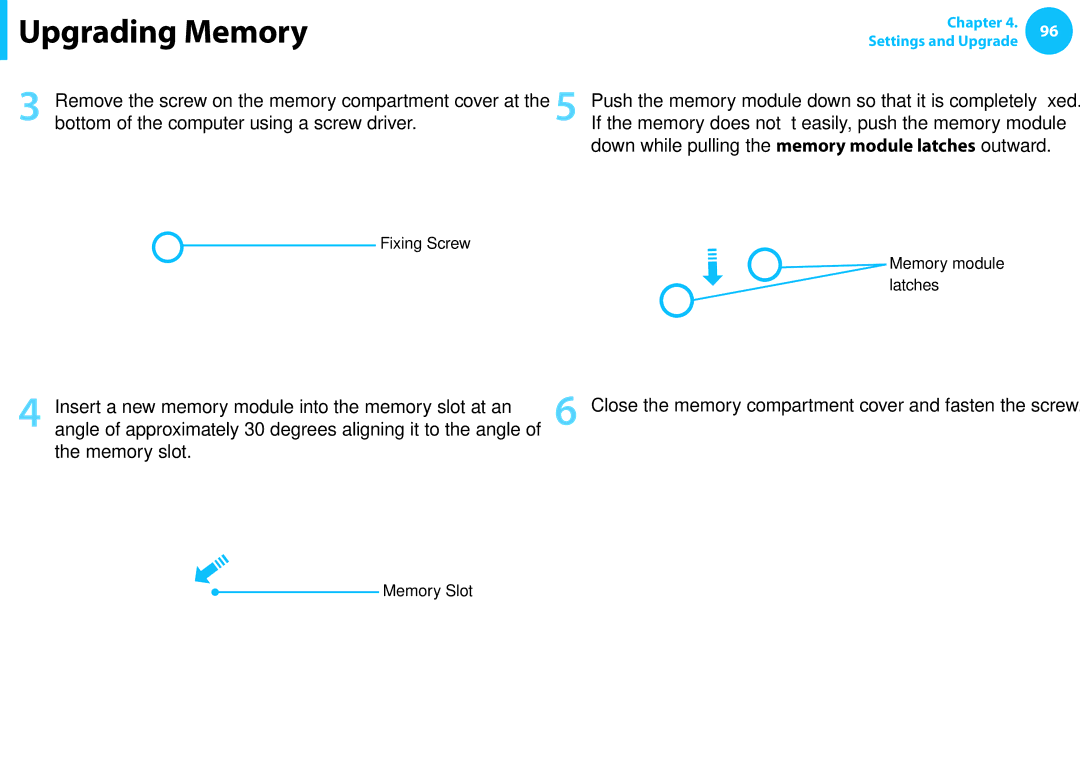 Samsung NP540U3C-A01US manual Down while pulling the memory module latches outward, Memory slot 