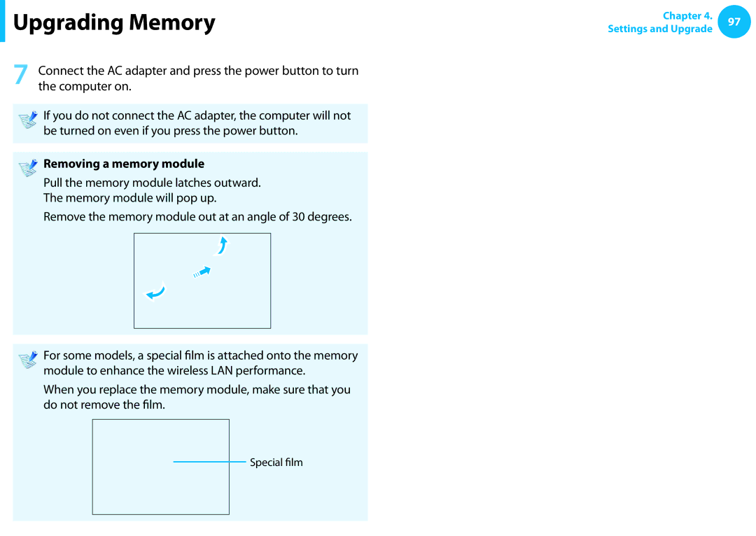 Samsung NP540U3C-A01US manual Removing a memory module, Remove the memory module out at an angle of 30 degrees 