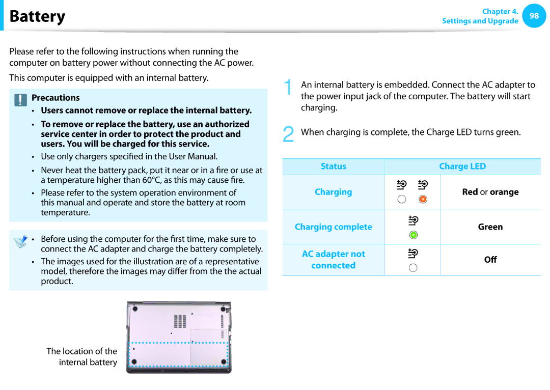 Samsung NP540U3C-A01US manual Charging the Battery, This computer is equipped with an internal battery, Charge LED 