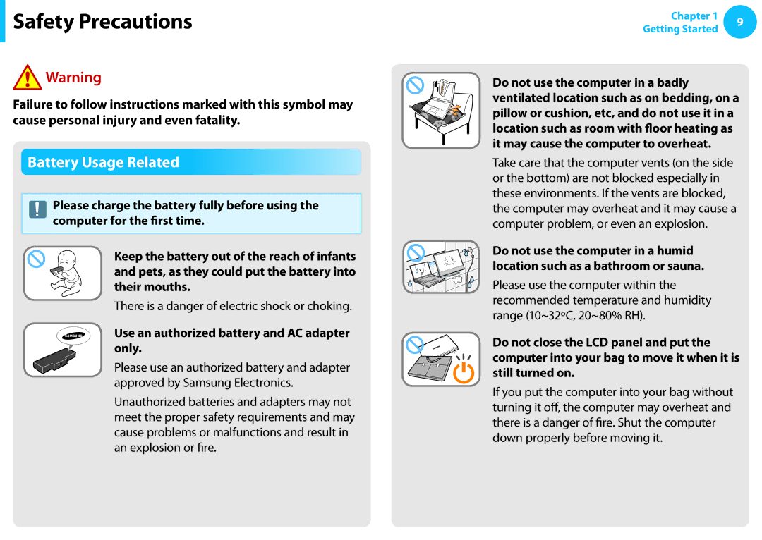 Samsung NP550P7C-T01US manual Battery Usage Related, There is a danger of electric shock or choking 