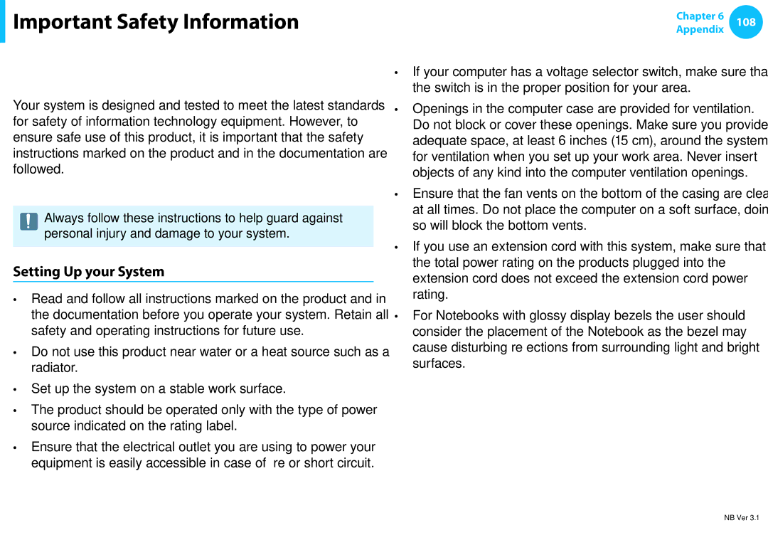 Samsung NP550P7C-T01US manual Important Safety Information, Safety Instructions, Setting Up your System 