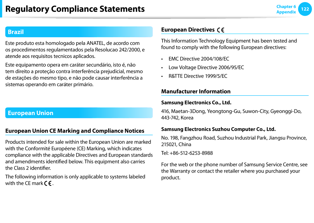 Samsung NP550P7C-T01US manual Brazil, European Union CE Marking and Compliance Notices, European Directives 