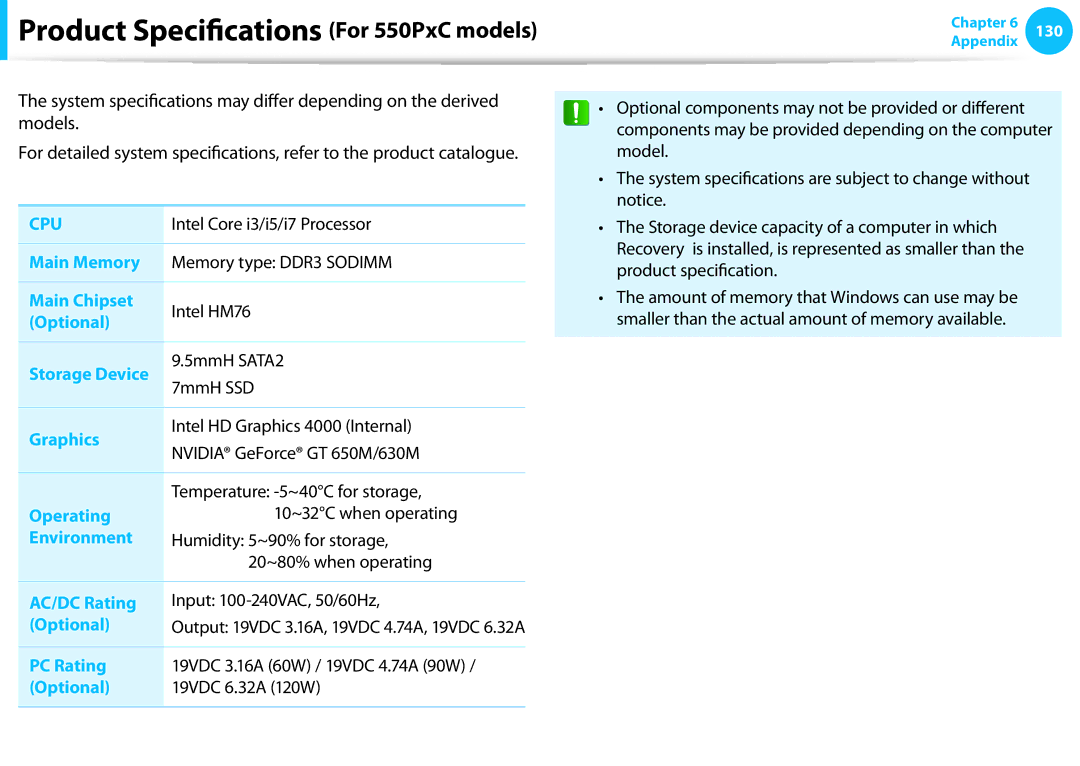 Samsung NP550P7C-T01US manual Product Specifications For 550PxC models 