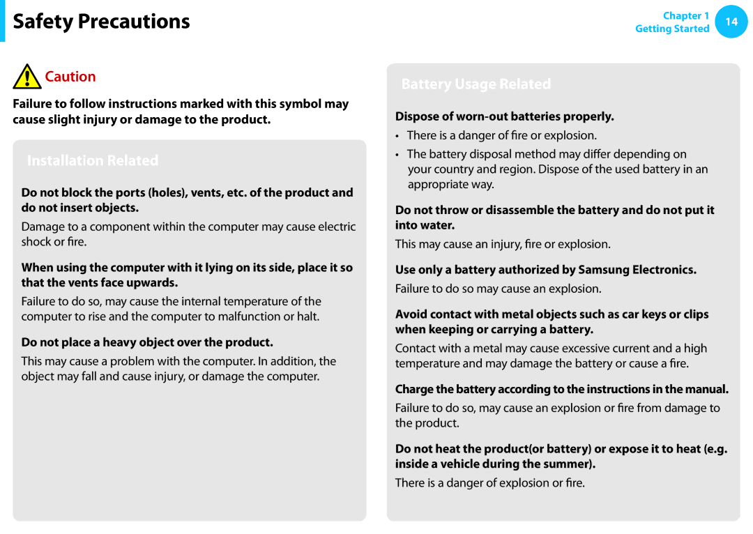 Samsung NP550P7C-T01US manual Do not place a heavy object over the product, Dispose of worn-out batteries properly 