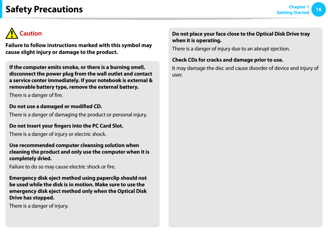 Samsung NP550P7C-T01US manual Do not use a damaged or modified CD, Do not insert your fingers into the PC Card Slot 